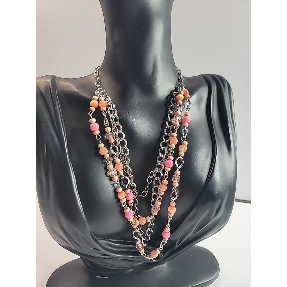 Layered Silver Tone Necklace‎ Pink Orange Beads Boho Chic Jewelry